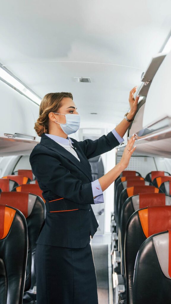 Flight attendant wearing mask in an airplane